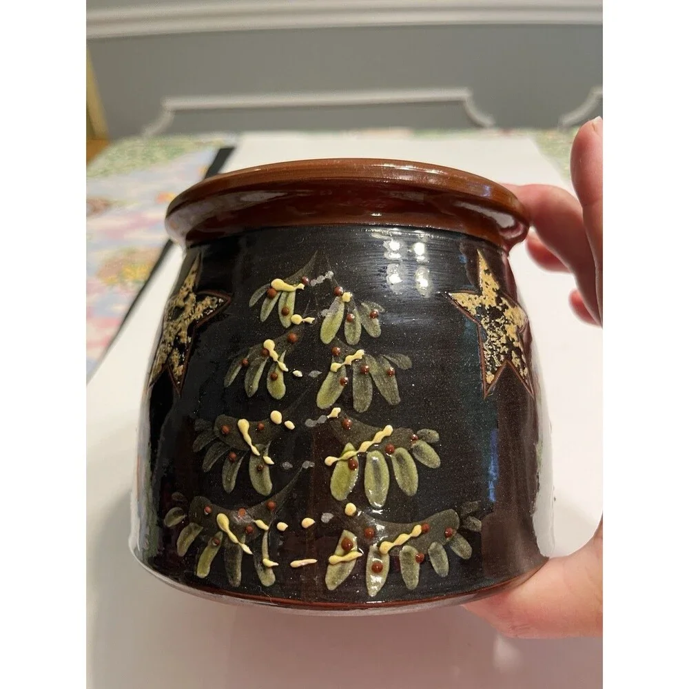 Eldreth Pottery Redware Crock Hand Painted Christmas Tree Stars Signed Folk Art